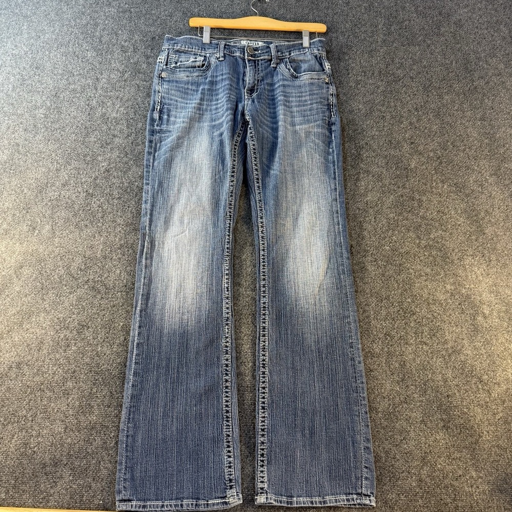 BKE Carter Bootcut Jeans Womens 33L Medium Wash Stretch Denim Buckle Y2K